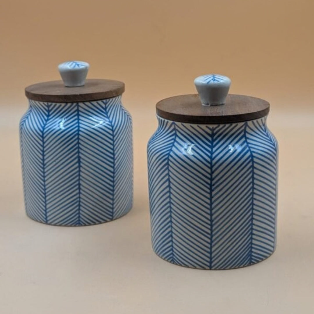 Airtight Jars with Wooden Lid - Blue Lines Herringbone Pattern