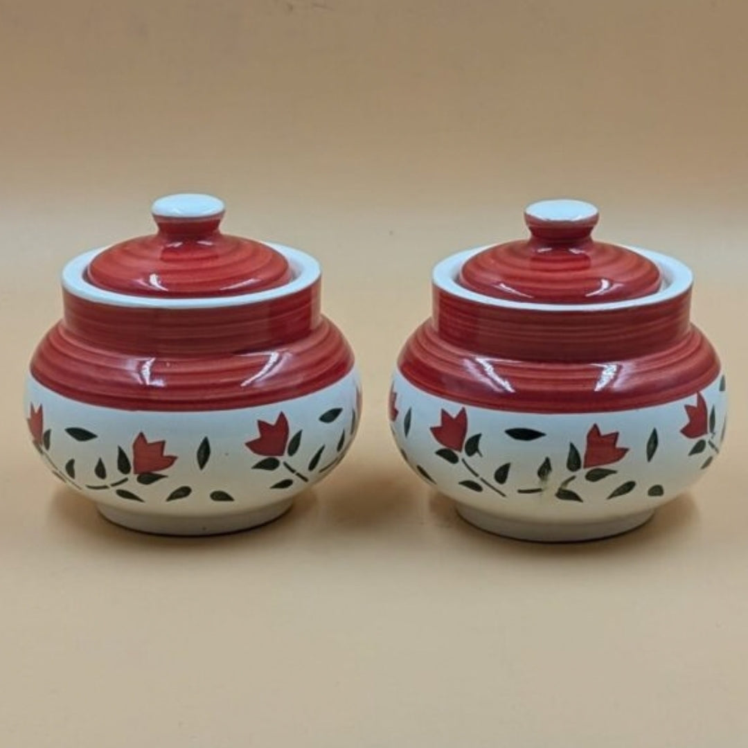 Ceramic Small Round Jars with Lid - Red Floral Pottery