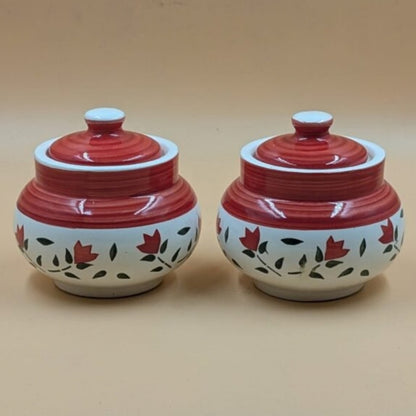 Ceramic Small Round Jars with Lid - Red Floral Pottery