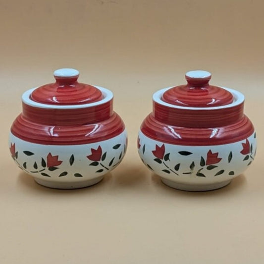 Ceramic Small Round Jars with Lid - Red Floral Pottery