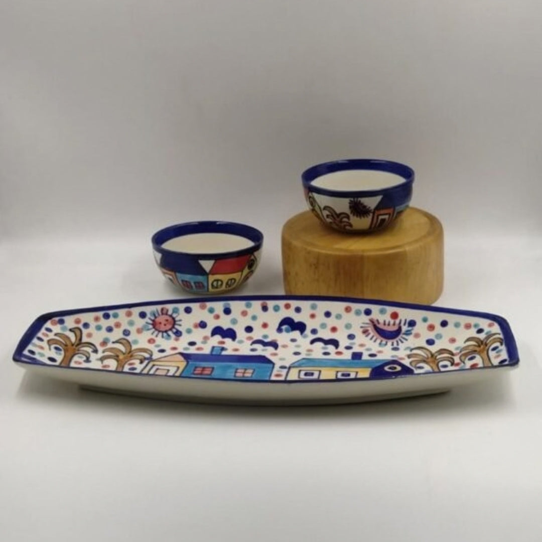 Platter Set with 2 Dip Bowls - Hand Painted Hut Design
