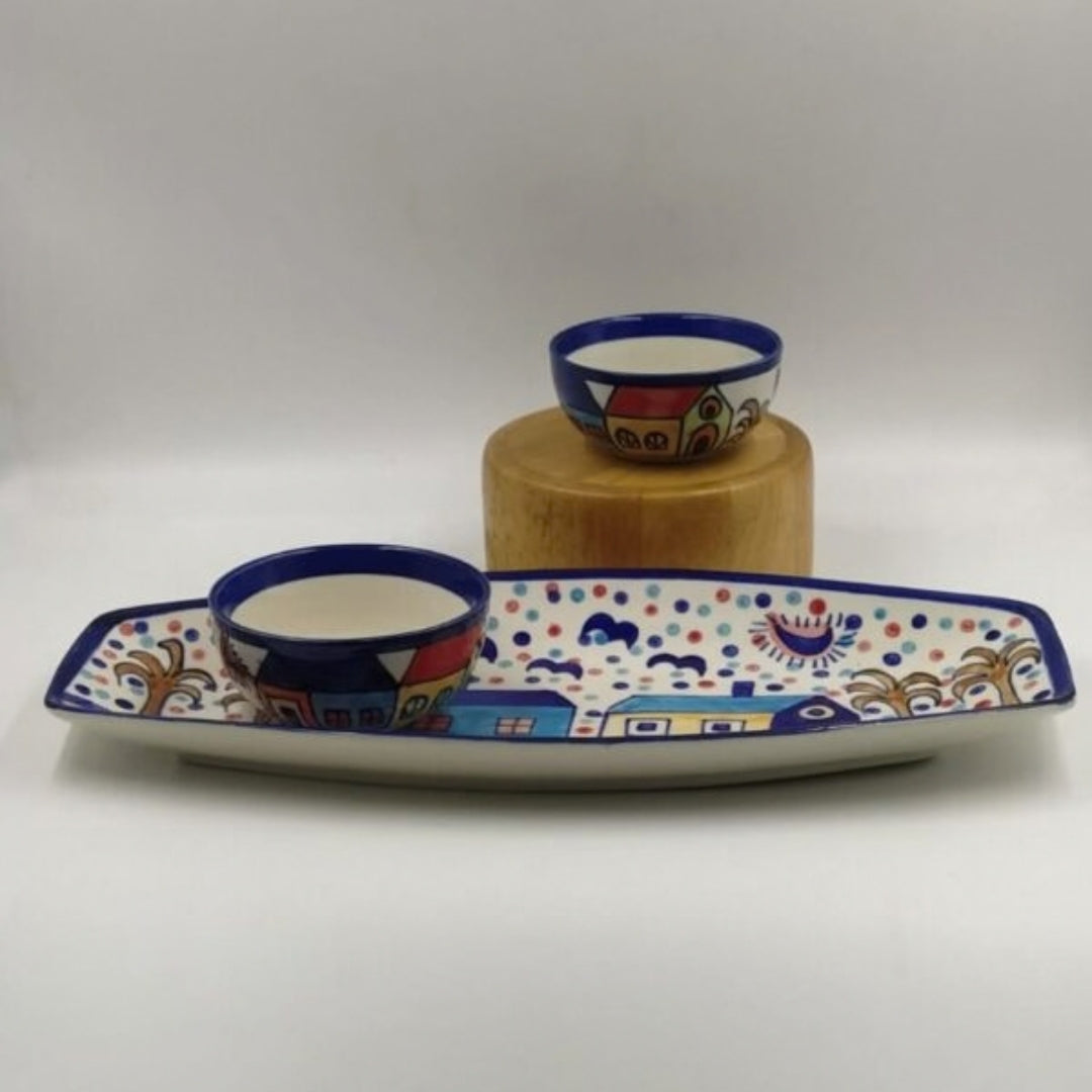 Platter Set with 2 Dip Bowls - Hand Painted Hut Design