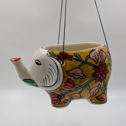 Hanging Elephant Planter - Traditional Yellow Floral Folk Art
