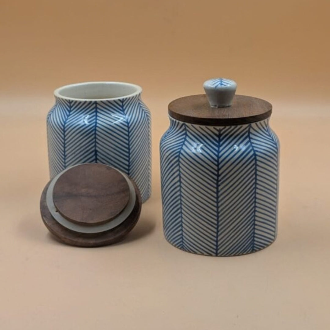 Airtight Jars with Wooden Lid - Blue Lines Herringbone Pattern