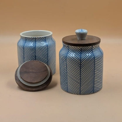 Airtight Jars with Wooden Lid - Blue Lines Herringbone Pattern