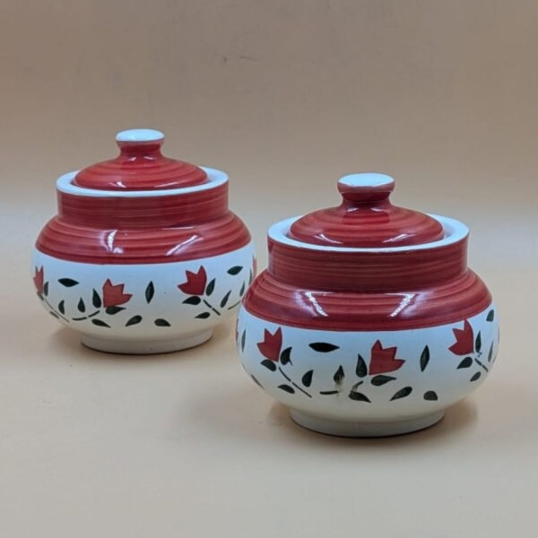 Ceramic Small Round Jars with Lid - Red Floral Pottery