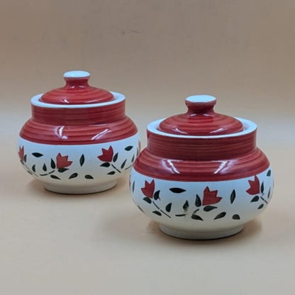 Ceramic Small Round Jars with Lid - Red Floral Pottery
