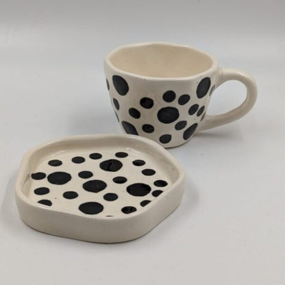 Handmade Ceramic Cup & Plate Set - Black Polka Dot
