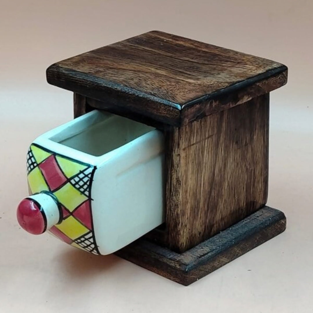 Wooden Mini Chest with Ceramic Drawer