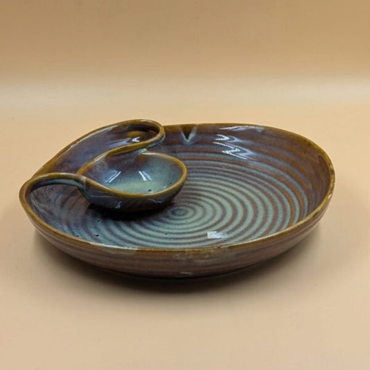 Platter with Built-in Dip Bowl - Brown & Blue Swirl Design
