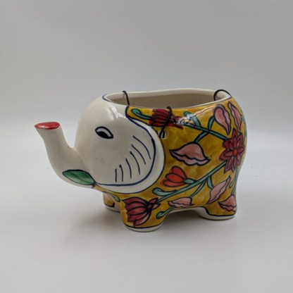Hanging Elephant Planter - Traditional Yellow Floral Folk Art