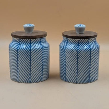 Airtight Jars with Wooden Lid - Blue Lines Herringbone Pattern