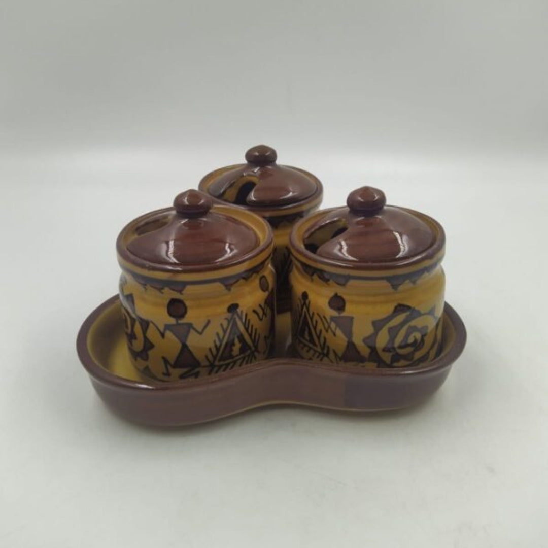 Pickle Jars Set - 1 Tray & 3 Pickle Jars, Handpainted Warli Design