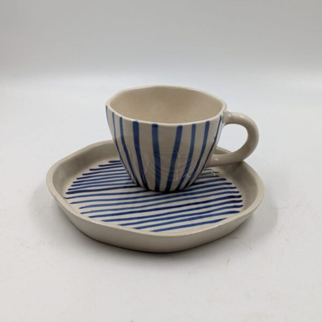 Ceramic Cup & Plate Set - Blue Striped