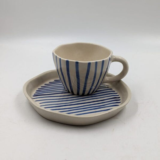 Ceramic Cup & Plate Set - Blue Striped