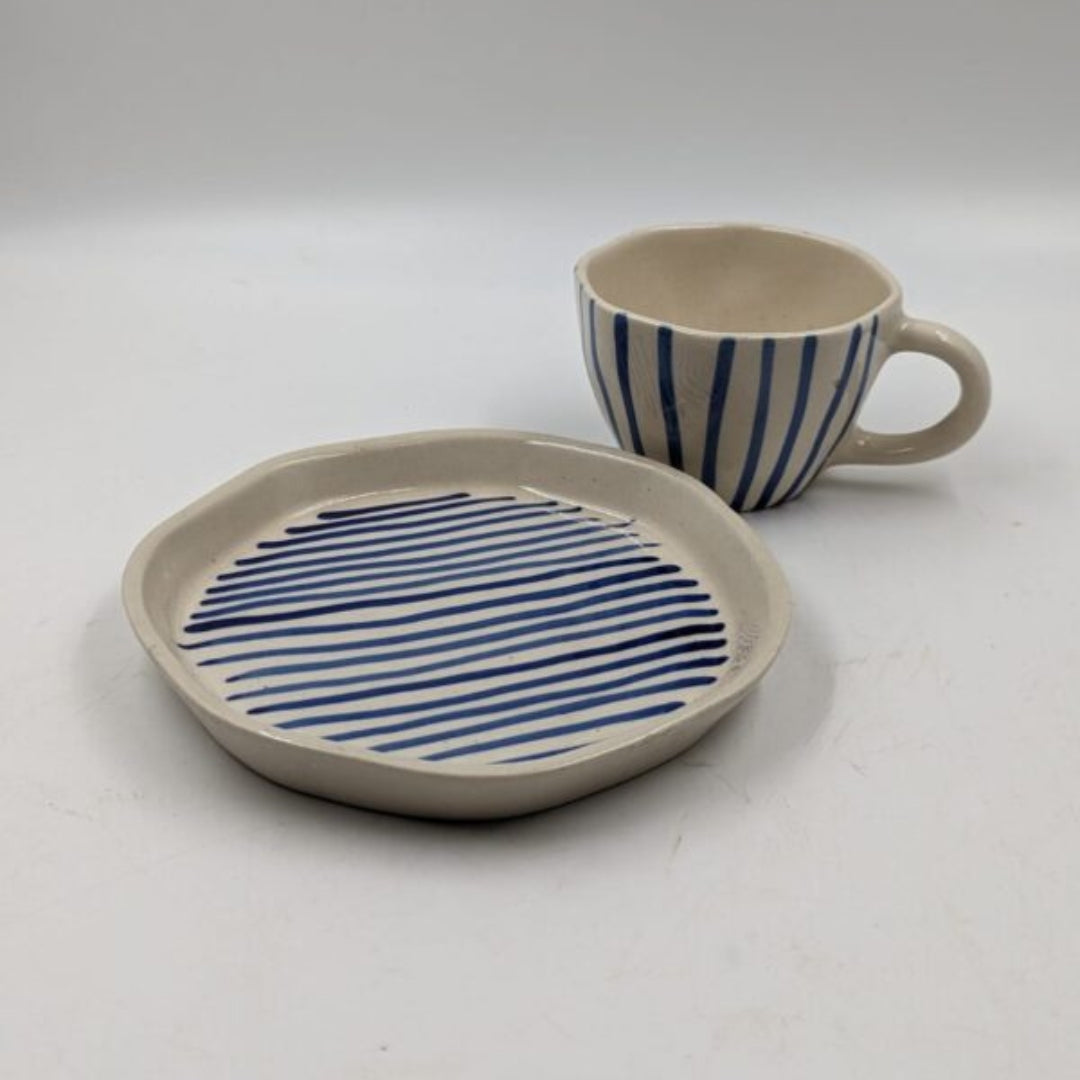 Ceramic Cup & Plate Set - Blue Striped