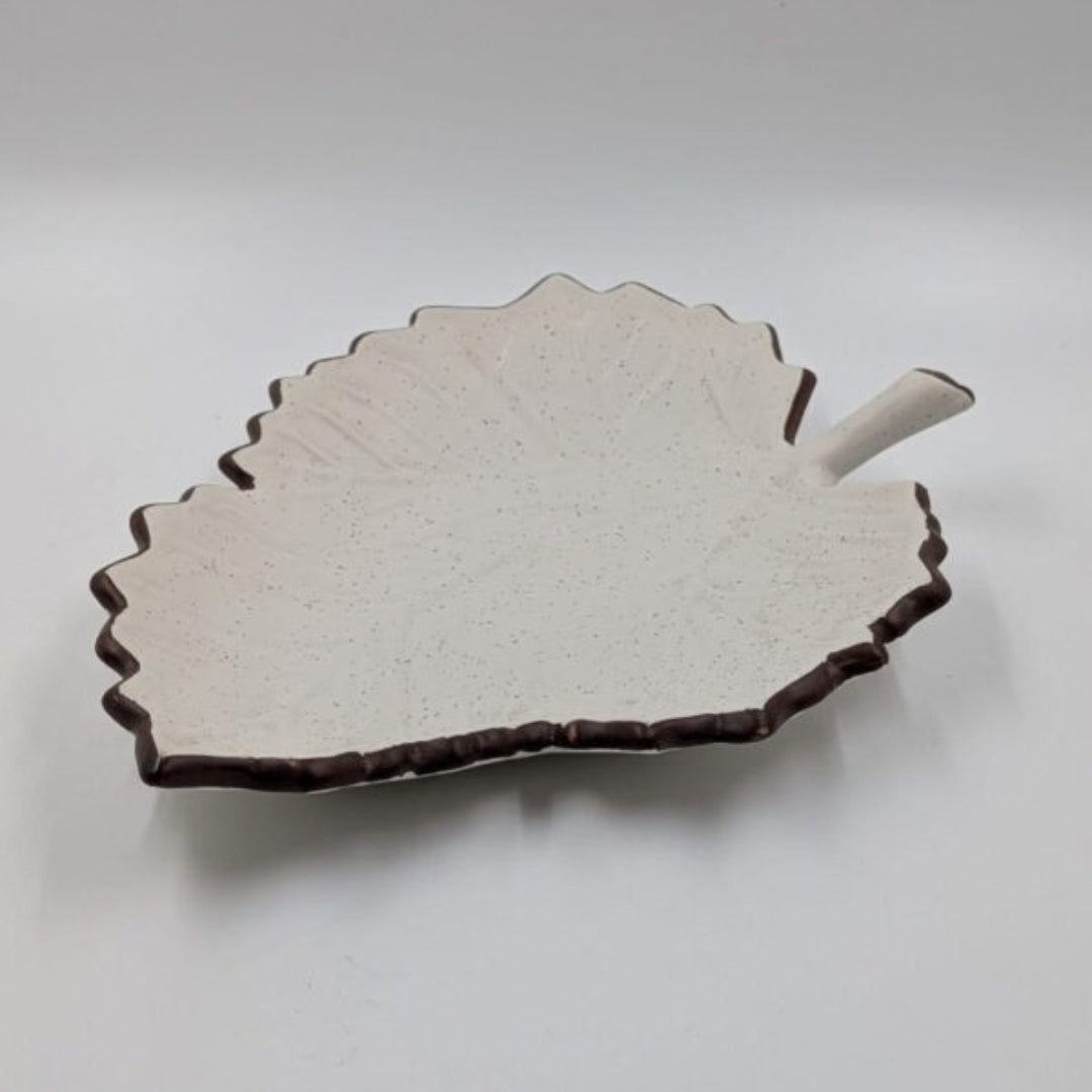 Platter - Leaf Shape Off-White Textured with Brown Border Edge