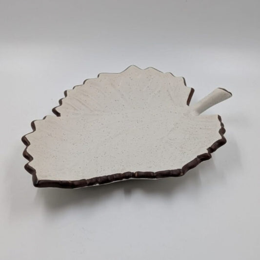 Platter - Leaf Shape Off-White Textured with Brown Border Edge