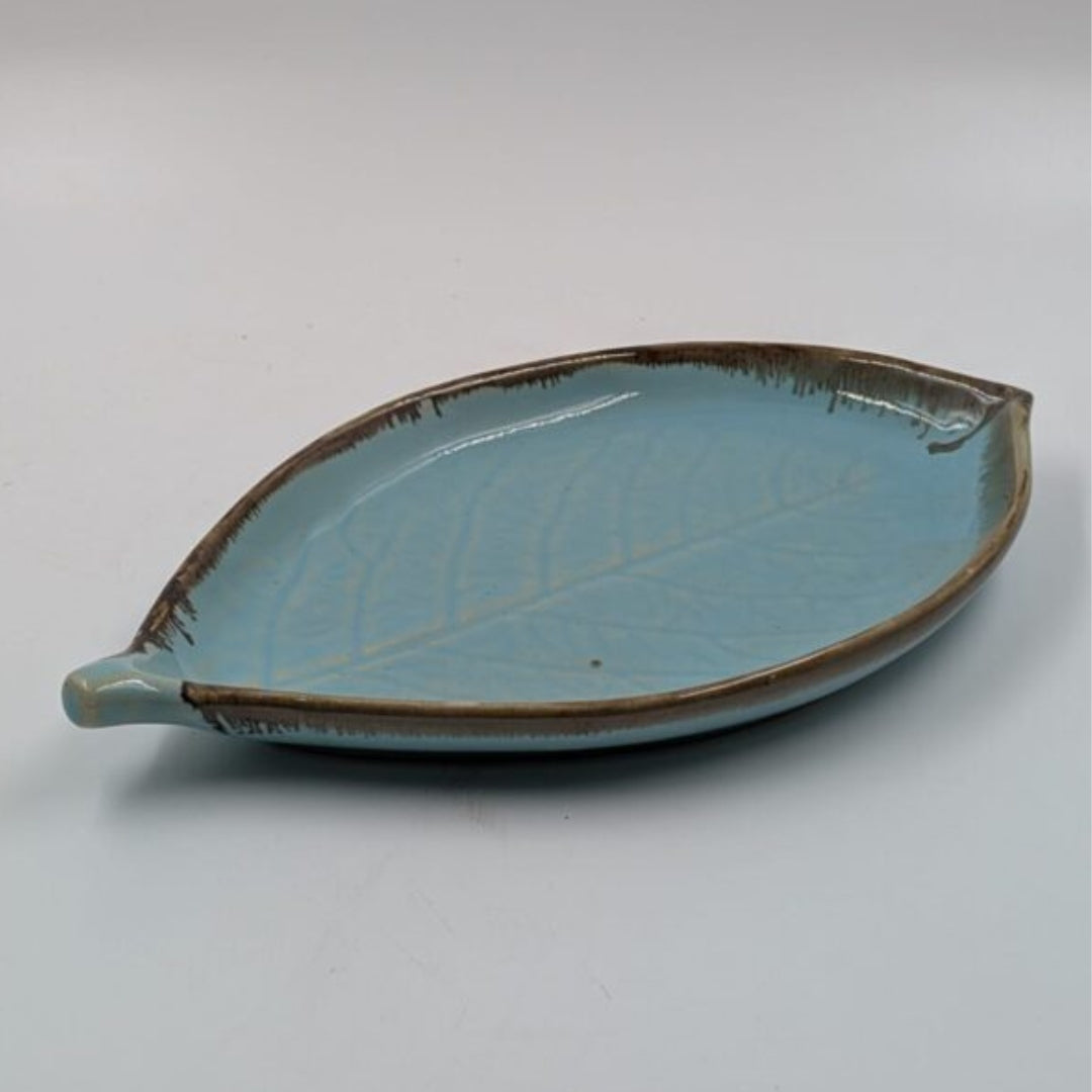 Platter - Leaf Shape Light Blue Glazed with Brown Rim