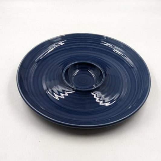 Platter with Center Dip Bowl - Round Deep Blue Glazed Chip & Dip