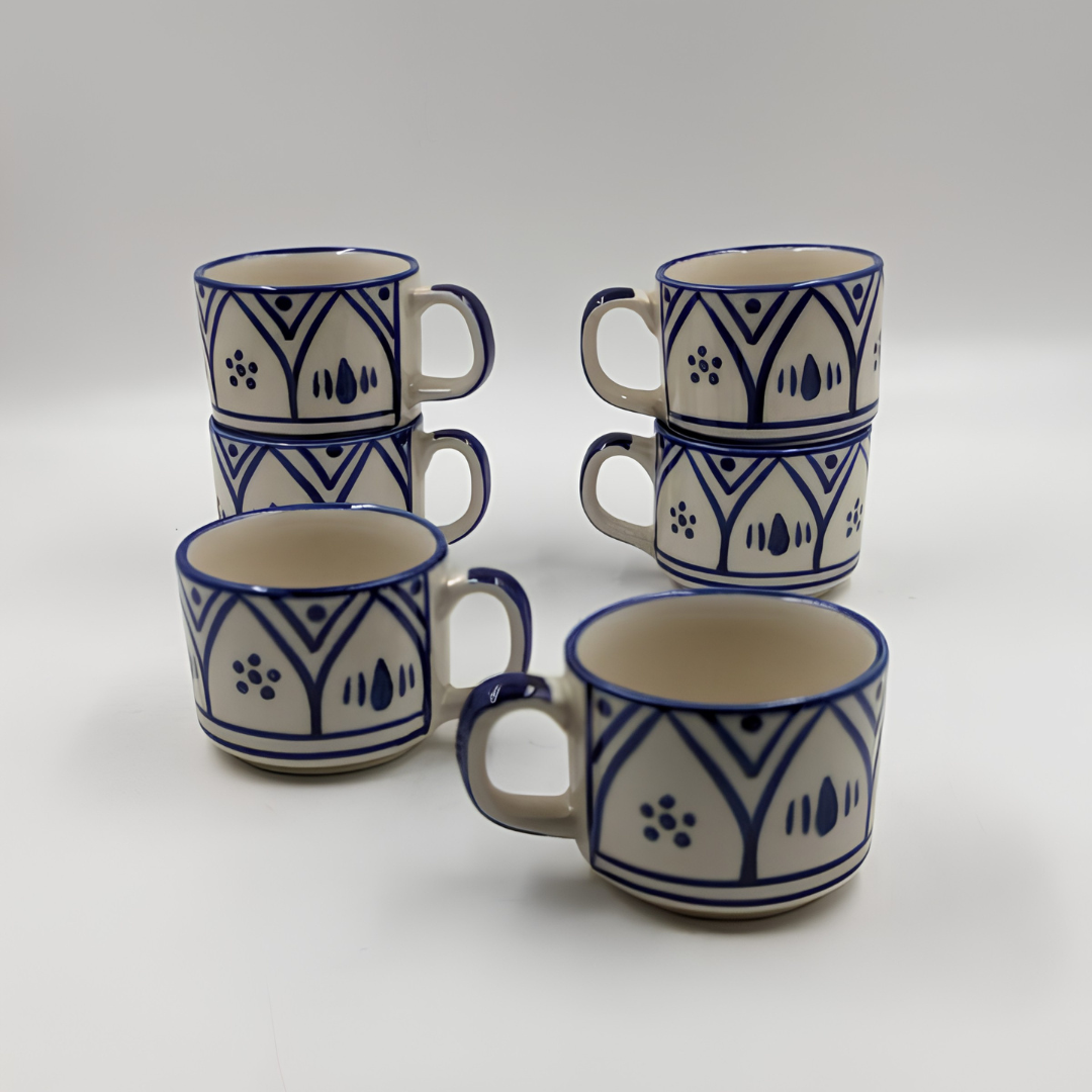Cups Set - Set of 6, Blue Geometric Motif