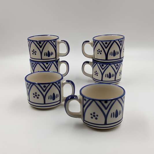 Cups Set - Set of 6, Blue Geometric Motif
