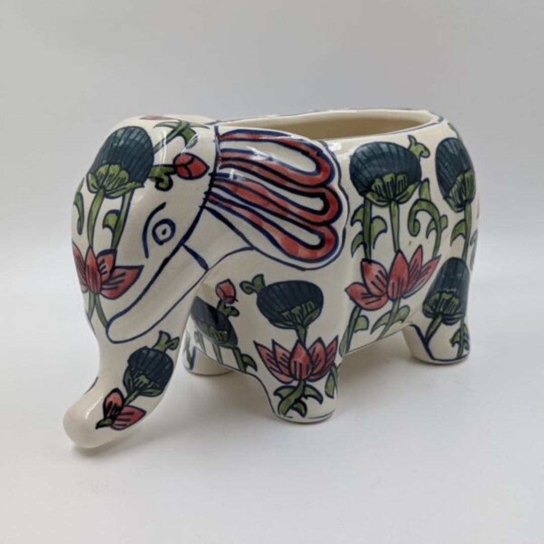 Elephant Planter & Vase (28 cm) - Artisanal Folk Art Lotus Floral Animal Pot