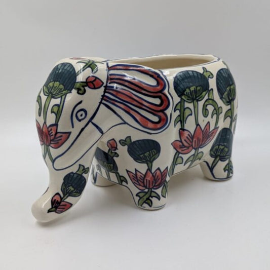 Elephant Planter & Vase (28 cm) - Artisanal Folk Art Lotus Floral Animal Pot