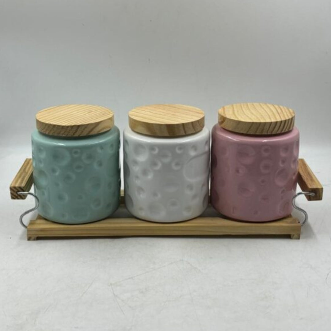 Airtight Jar Set with Wooden Stand & Lids (Set of 3) - Pastel Textured Canisters