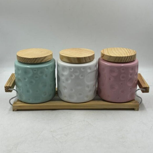 Airtight Jar Set with Wooden Stand & Lids (Set of 3) - Pastel Textured Canisters