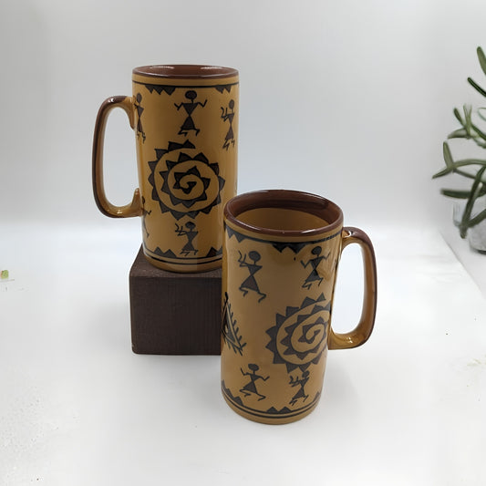 Big Mugs - Set of 2, Handpainted Mustard & Brown Tribal Art