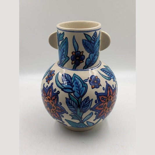 Flower Vase with Handles - Blue Pottery Floral Motif
