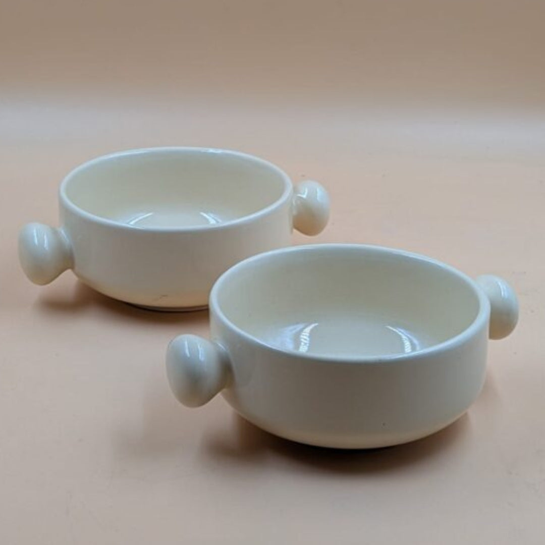 Ceramic Soup Bowls with Double Round Handles - Plain Off-White / Cream