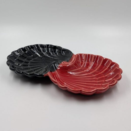 Platter - Twin Shell Shape Dual Tone Black & Red Glazed