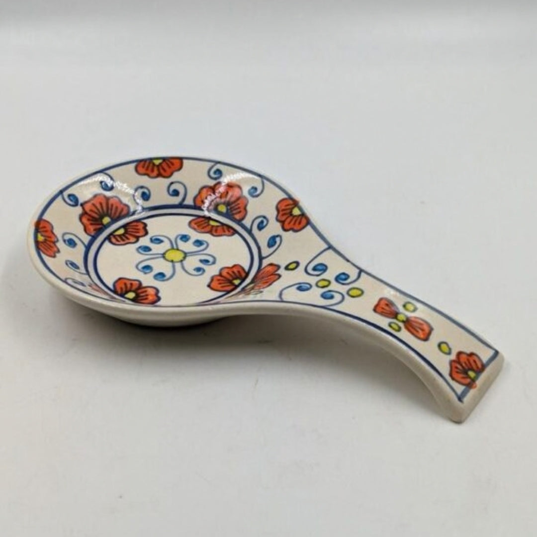 Spoonrest  - Orange Floral & Blue Lattice