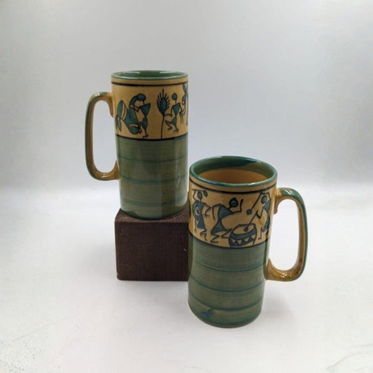 Big Mugs - Set of 2, Handpainted Mustard & GreenTribal Art