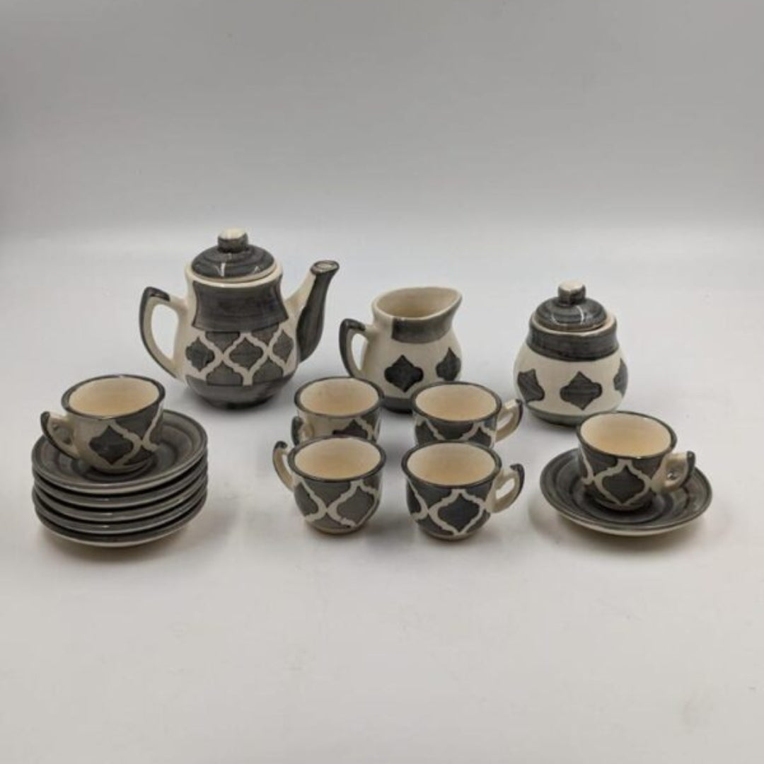 Ceramic Miniature Toy Tea Set (15 Pieces) - Charcoal Grey & Off-White