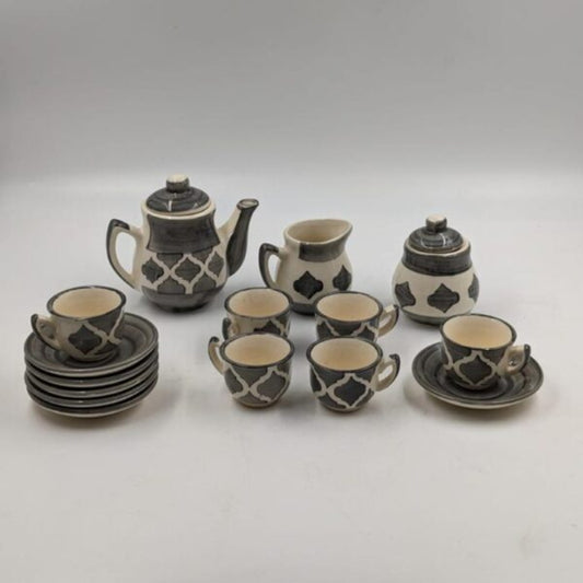 Ceramic Miniature Toy Tea Set (15 Pieces) - Charcoal Grey & Off-White