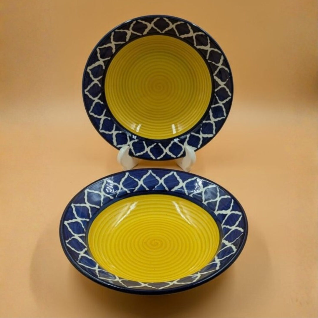 Soup Plates - Yellow Swirl with Blue Patterned Rim