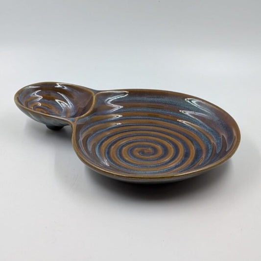 Platter with Built-in Dip Section - Brown & Blue Spiral Swirl Pattern Chip & Dip