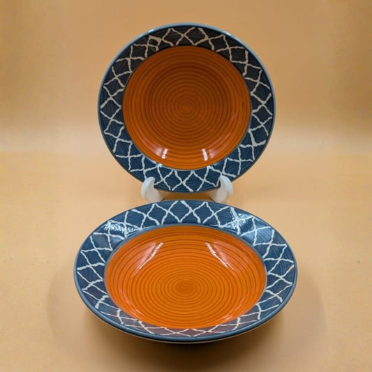 Soup Plates - Orange Swirl with Blue Patterned Rim