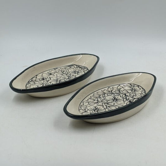 Platter Set of 2 - Boat Shaped Handpainted Black Floral Pattern