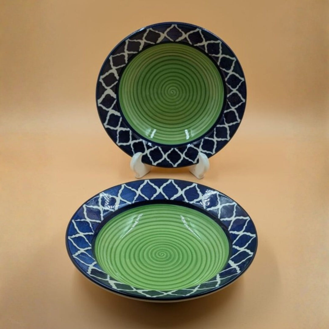 Soup Plates - Green Swirl with Blue Patterned Rim