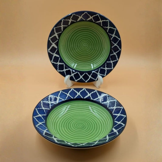 Soup Plates - Green Swirl with Blue Patterned Rim