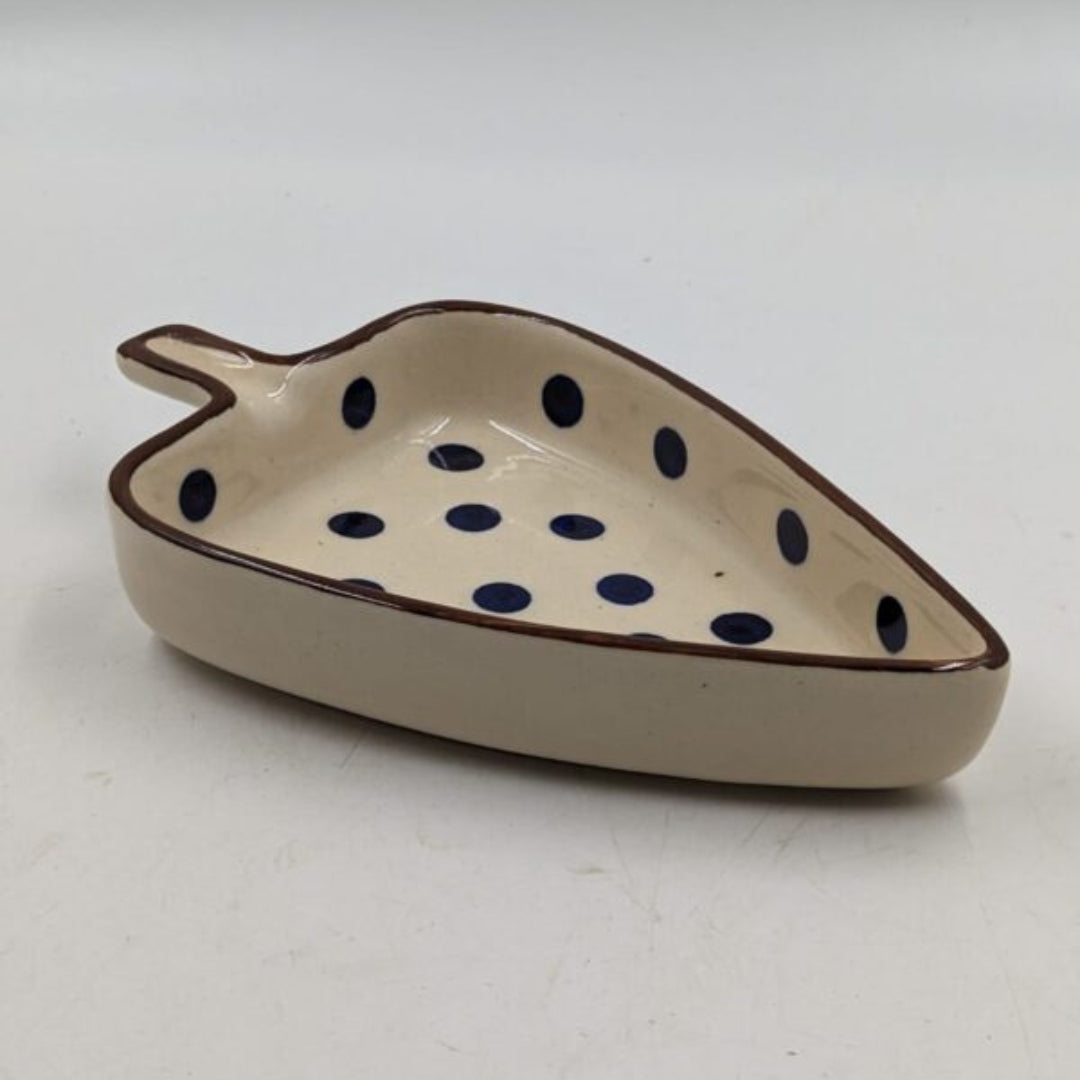 Platter - Leaf Shape Blue Polka Dot Pattern with Brown Rim