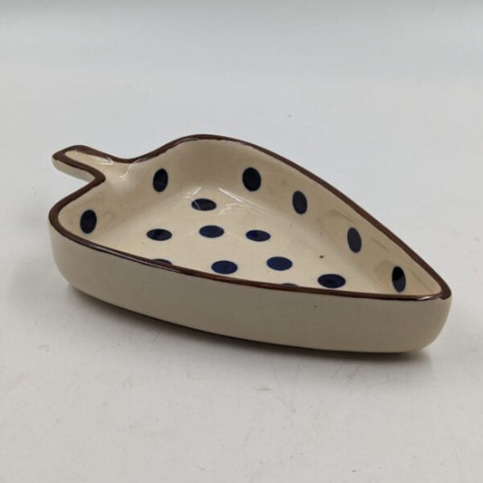 Platter - Leaf Shape Blue Polka Dot Pattern with Brown Rim