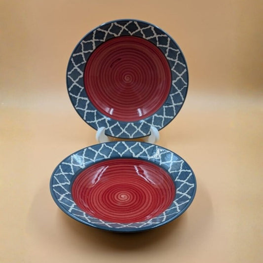 Soup Plates - Red Swirl with Blue Patterned Rim