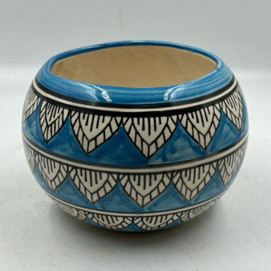 Planter - Round Turquoise Blue Bowl Pot, Tribal Pattern