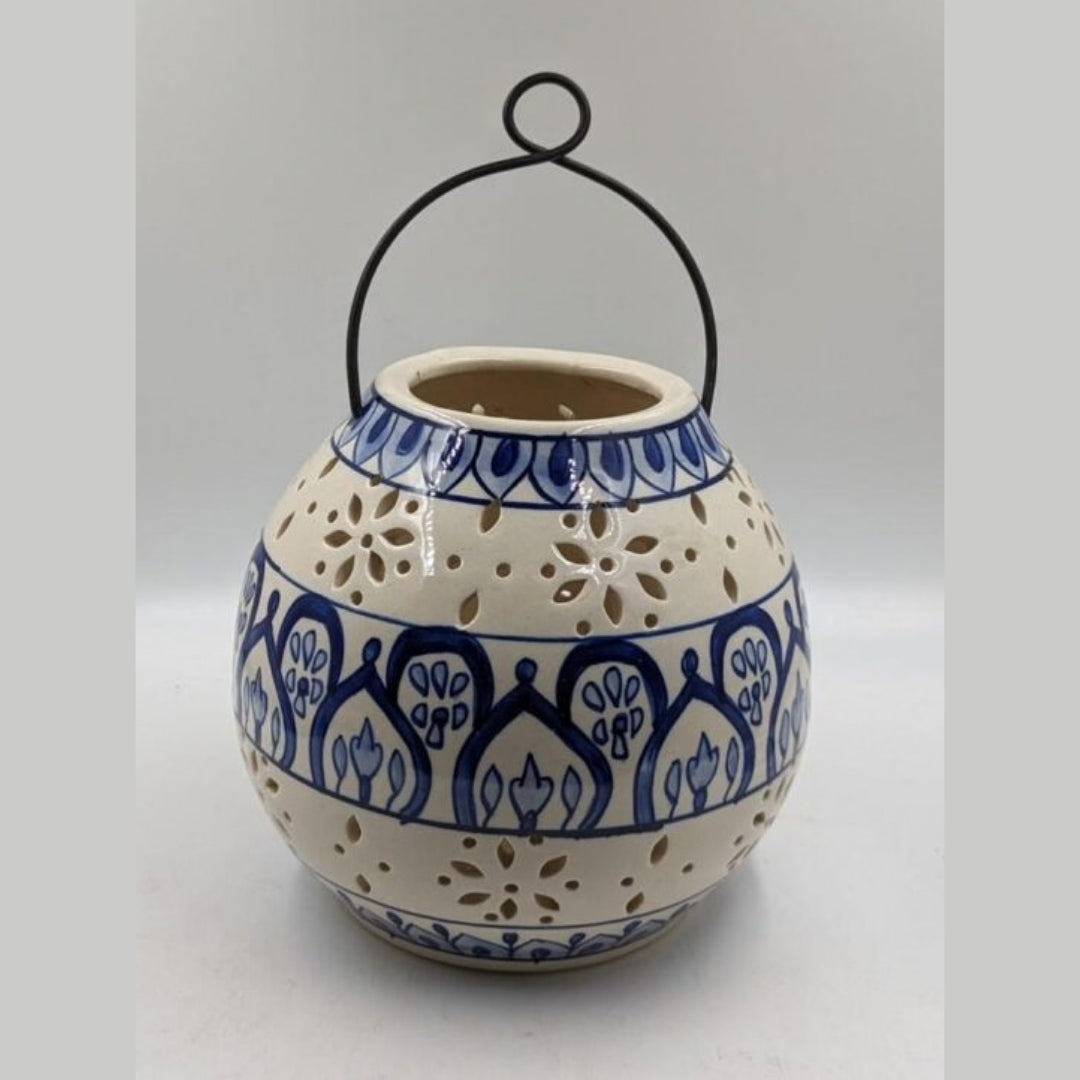 Globe Lantern - Round Cut-Out Jaali Candle Tealight Holder with Metal Handle