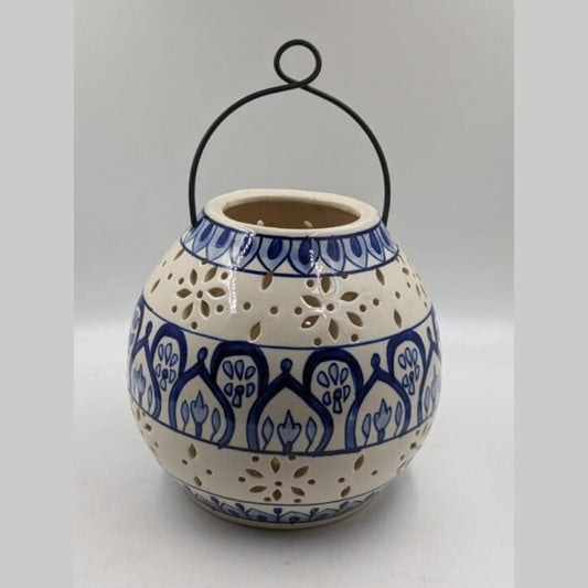 Globe Lantern - Round Cut-Out Jaali Candle Tealight Holder with Metal Handle
